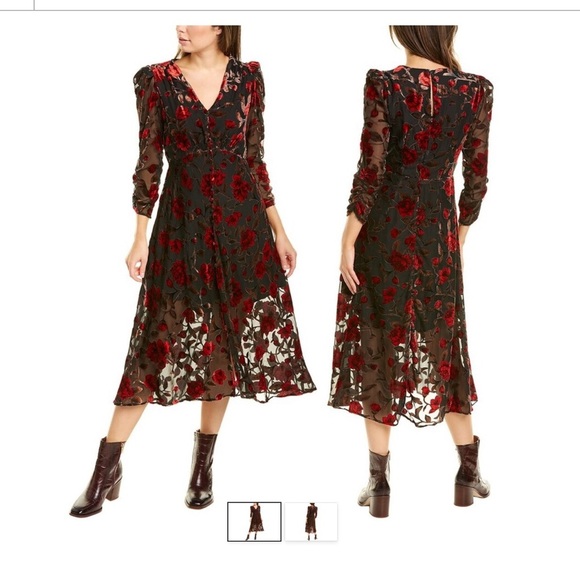 NEW ASTR The Label Floral Red Velvet Burnout Sheer Black Midi Dress V-Neck Sz S - Picture 1 of 9